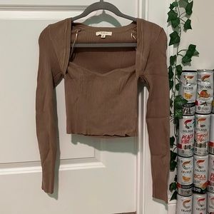 low cut tan long sleeve cropped top